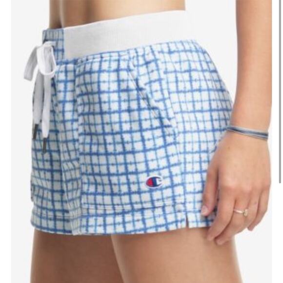 Champion Shorts NWT Sweat-shorts Blue/White Check. Pockets Athleisure Womens XL - Picture 2 of 4